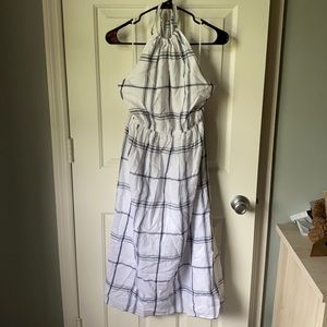 Navy and White Grid Halter Midi Dress